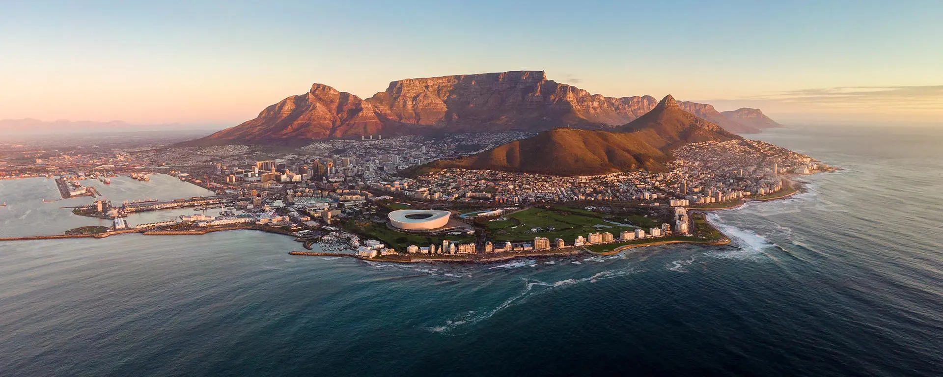 Aerial view of Cape Town with Table Mountain and the city below, South Africa
